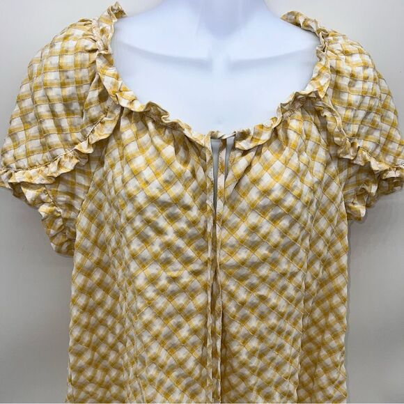 Max Studio Textured Blouse in Yellow/White Diagonal Plaid w/Ruffles & Ties-Sz L - Picture 3 of 11